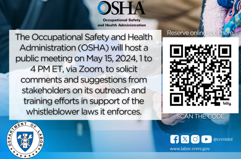The Occupational Safety & Health Administration (OSHA) will host a public meeting on May 15, 2024